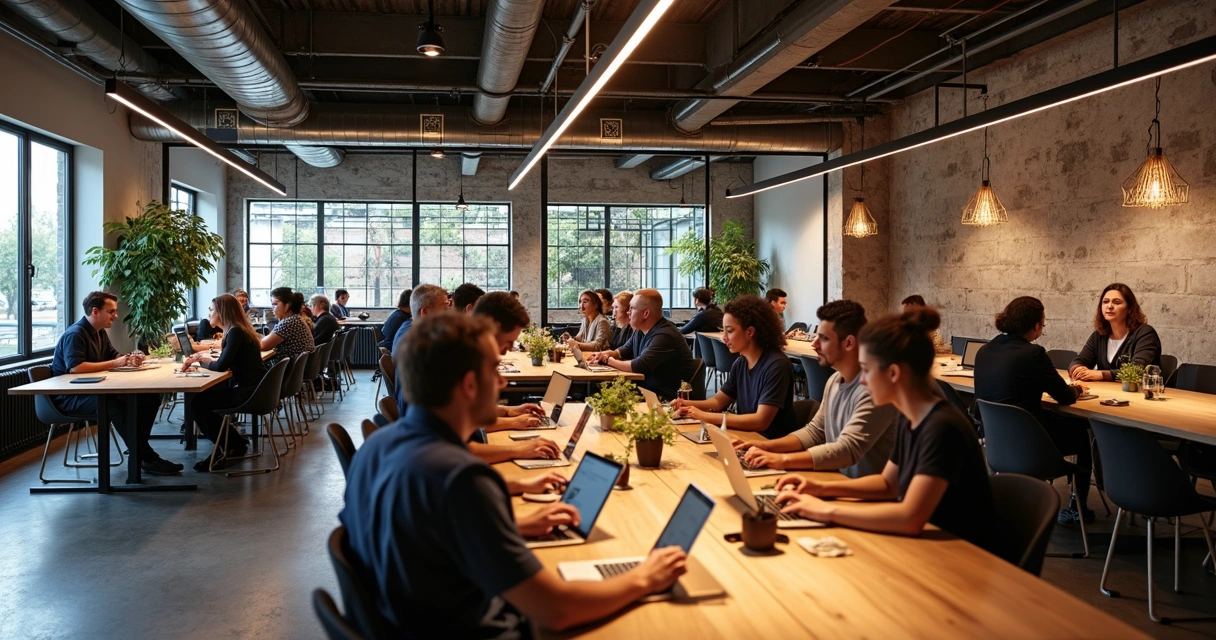 Ambiente de coworking em Betim com profissionais em diferentes áreas comuns