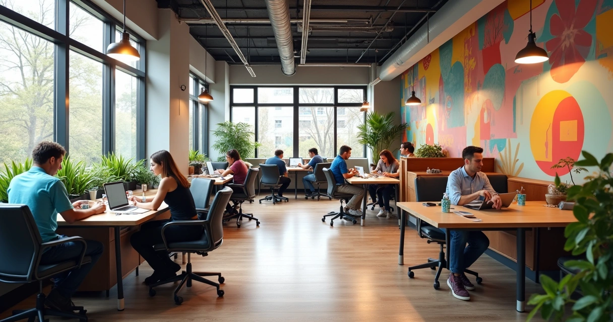 Espaço compartilhado de coworking com mesas, pessoas trabalhando e decoração moderna 