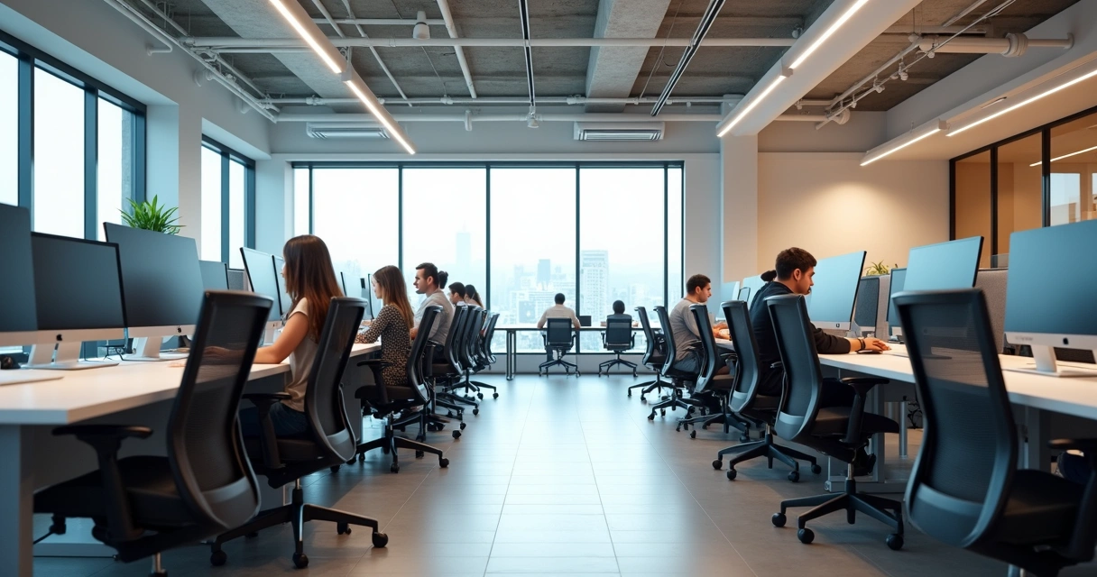 Ambiente coworking ergonômico com monitores e cadeiras modernas