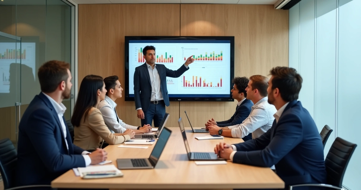 Equipe assistindo apresentação em tela grande na reunião 
