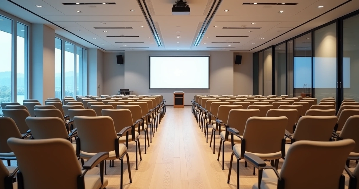 Auditório corporativo com cadeiras organizadas e iluminação suave 