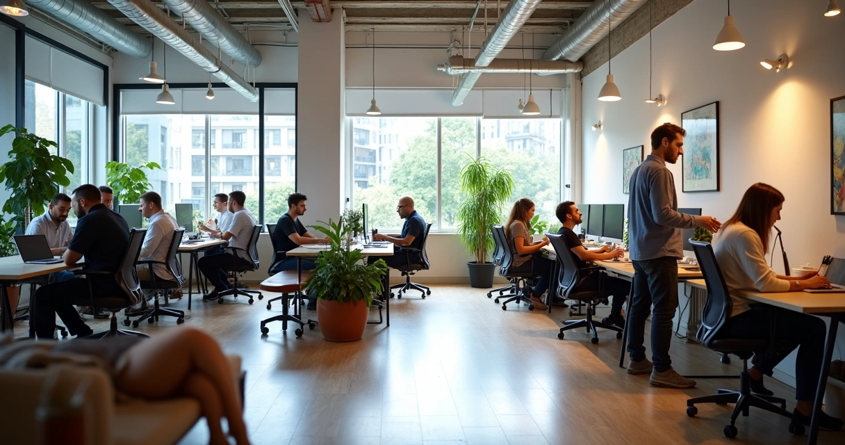 Ambiente compartilhado de coworking com profissionais trabalhando 