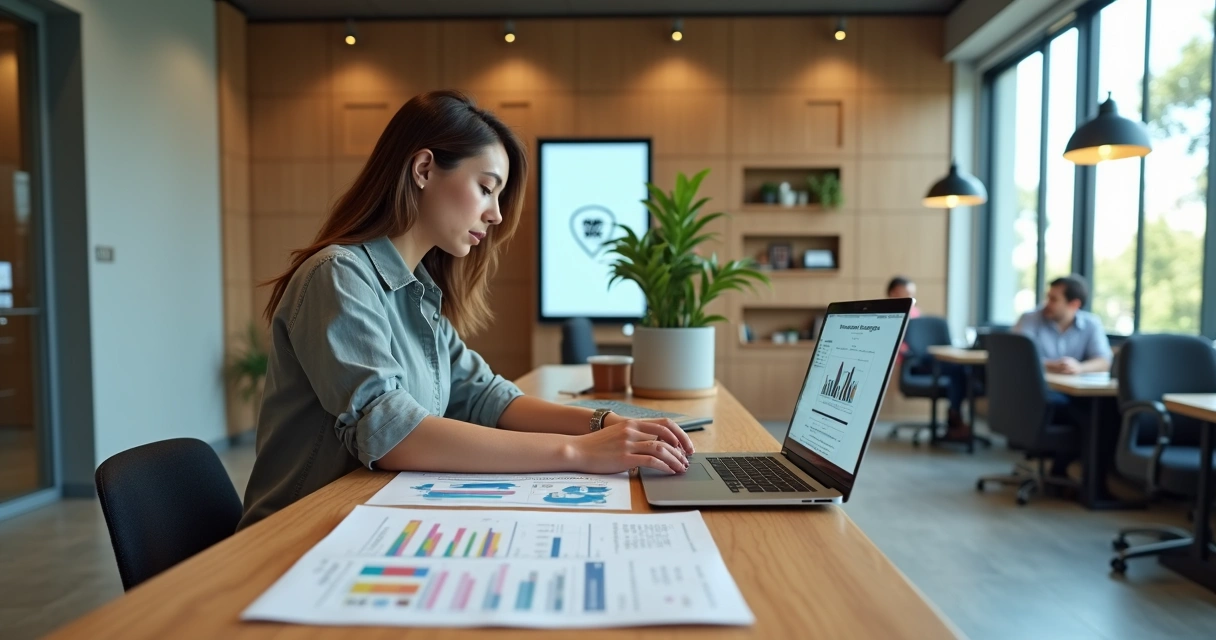 Empresária revisando planejamento tributário ao lado de placa digital com endereço de coworking 