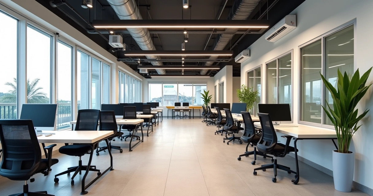 Ambiente de coworking moderno em Betim com cadeiras ergonômicas e estações de trabalho