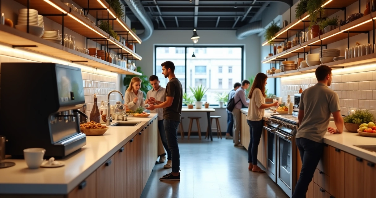 Cozinha compartilhada moderna com café e snacks em coworking