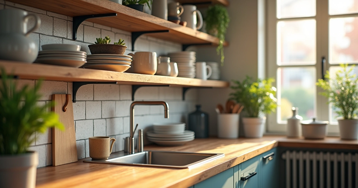 Cozinha de coworking com utensílios reutilizáveis