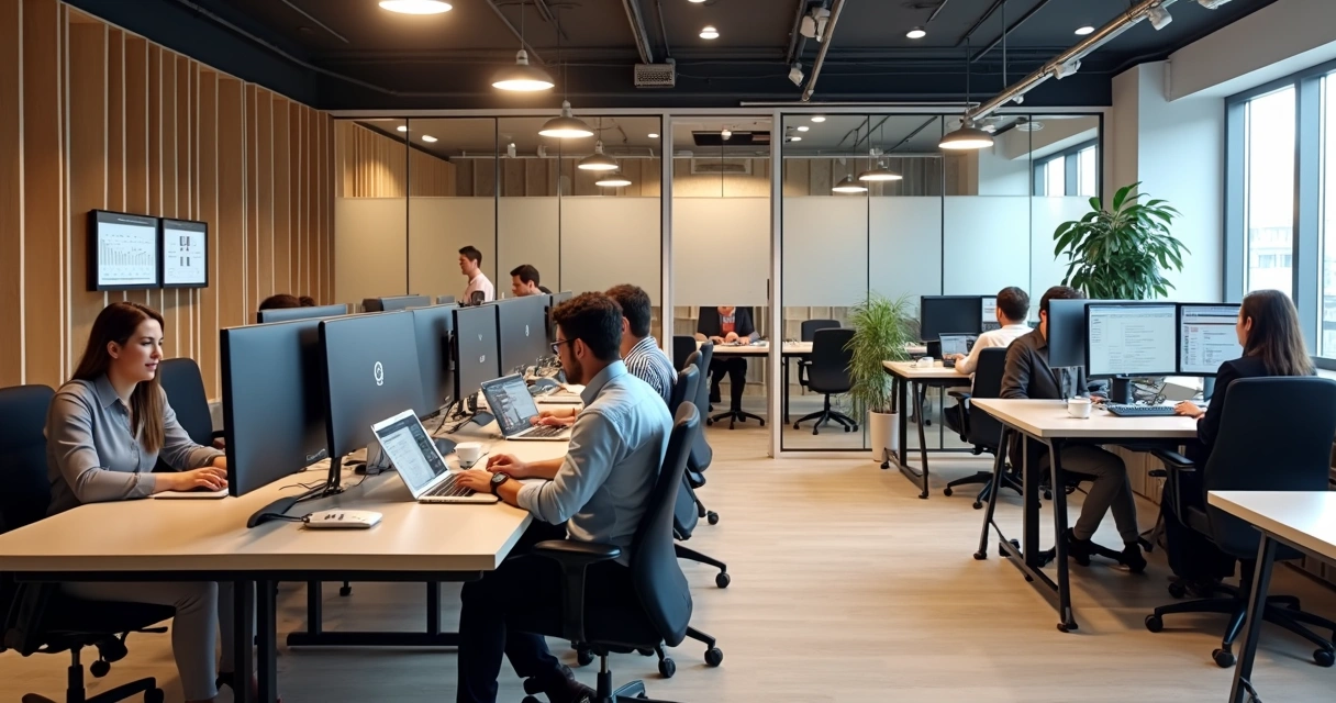 Sala privativa de coworking com mesa, cadeira e computador 