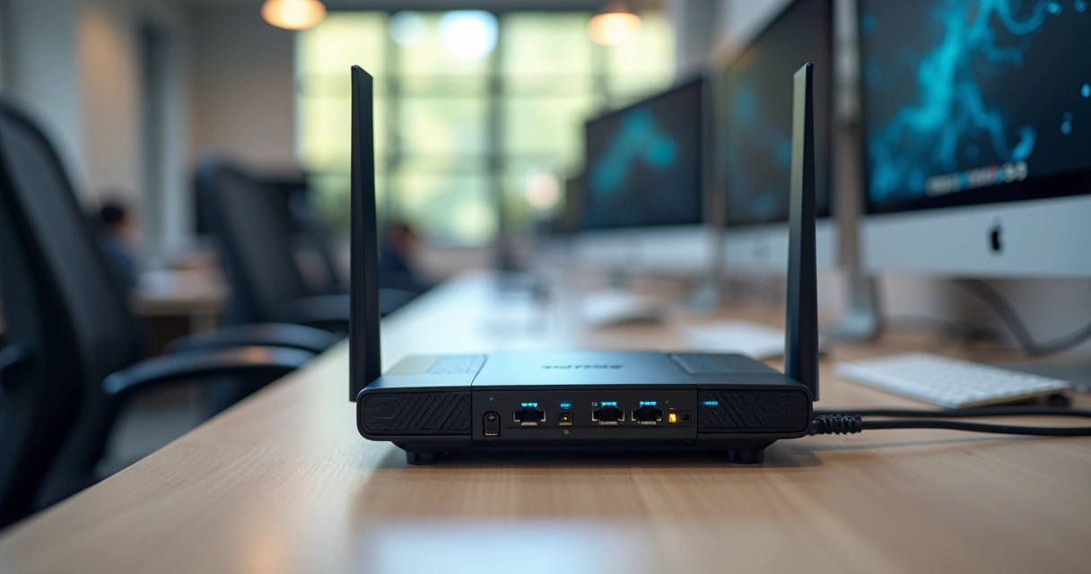Cabos de internet, roteador e equipamentos em coworking moderno 