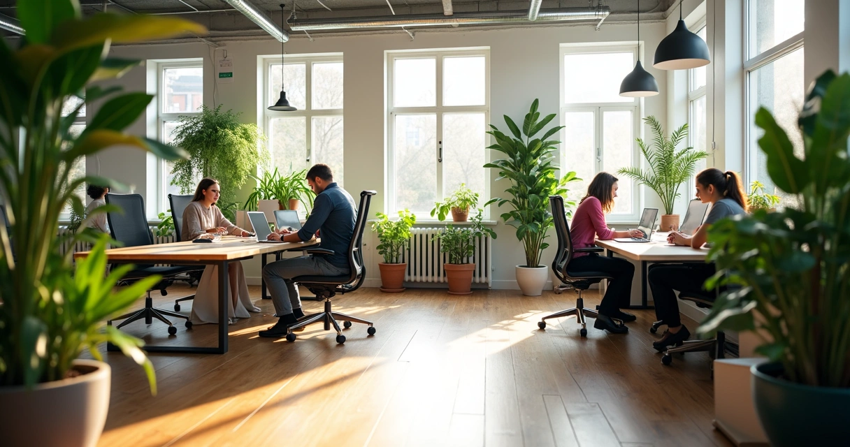 Coworking com plantas verdes e iluminação natural