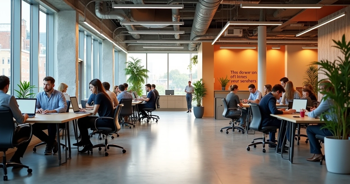 Espaço de coworking moderno com pessoas trabalhando em diferentes mesas 
