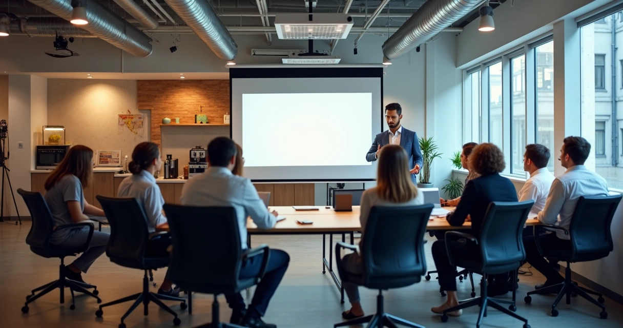 Ambiente de coworking bem iluminado com um grupo reunido em apresentação