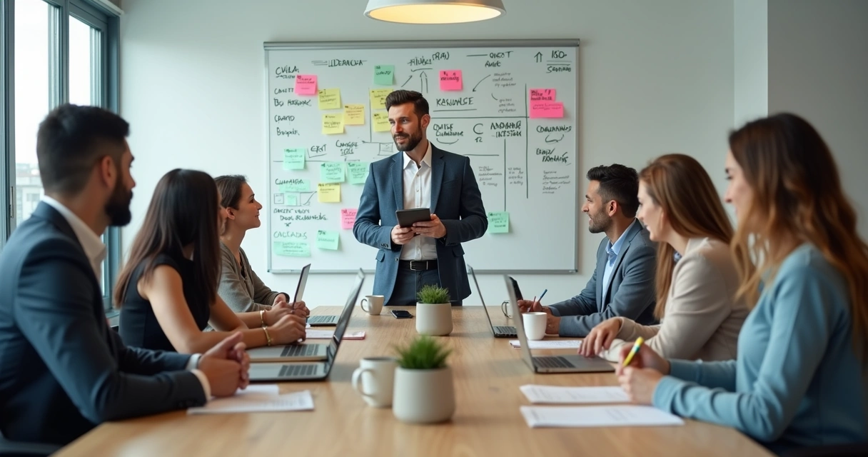 Gestor conversando com equipe diversa em dinâmica de pessoas com post-its na parede 