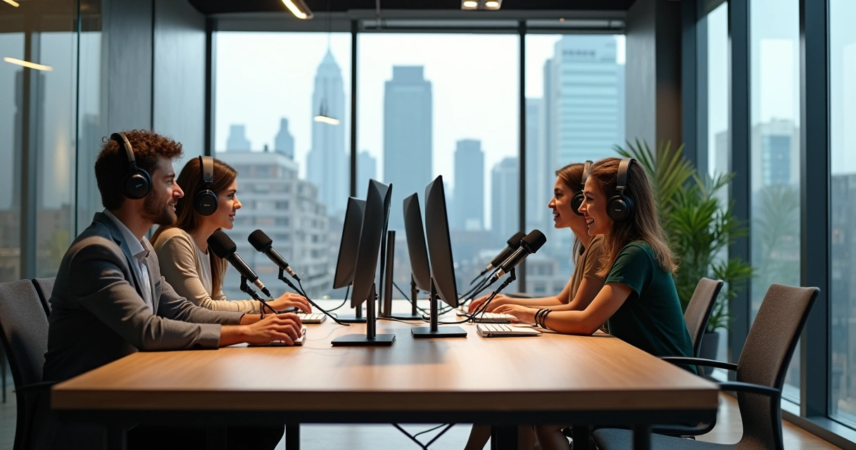 Gravação de podcast em uma sala moderna com microfones profissionais e equipe reunida