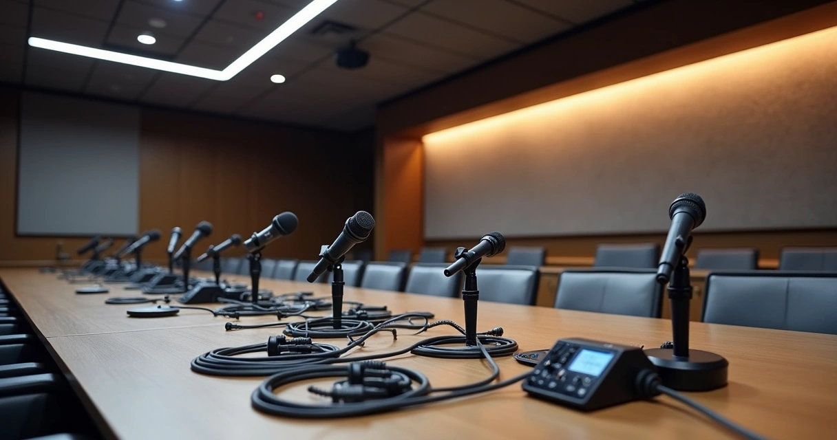 Detalhe de equipamento de som moderno em auditório empresarial 
