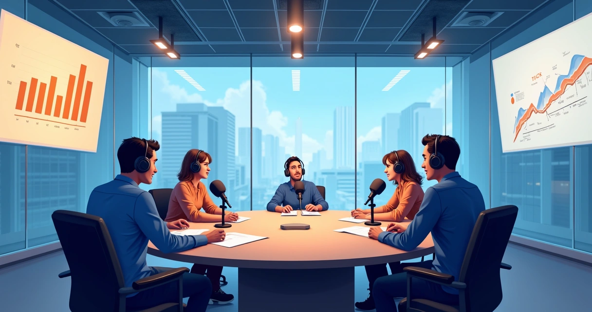 Discussão corporativa em torno de mesa redonda com microfones e gravação de podcast