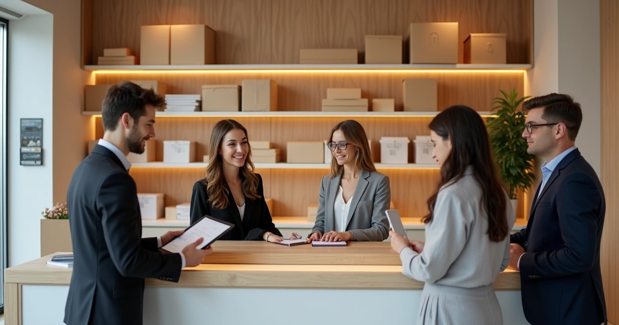 Recepção de coworking recebendo e registrando caixas e cartas 