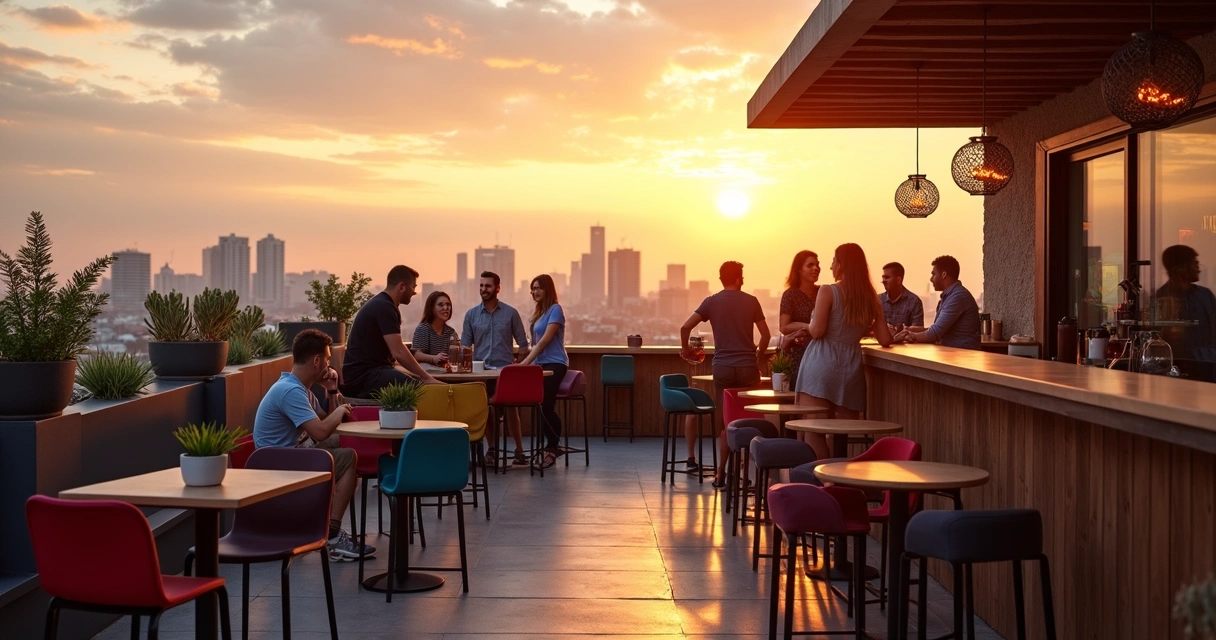 Rooftop bar de coworking com pessoas conversando ao pôr do sol, cadeiras coloridas e vista para prédios 