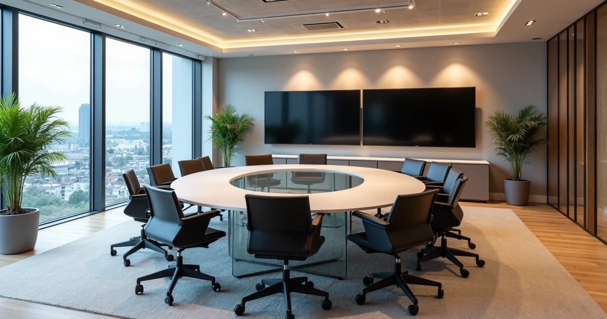 Sala de reunião moderna com mesa grande e monitores Dell 