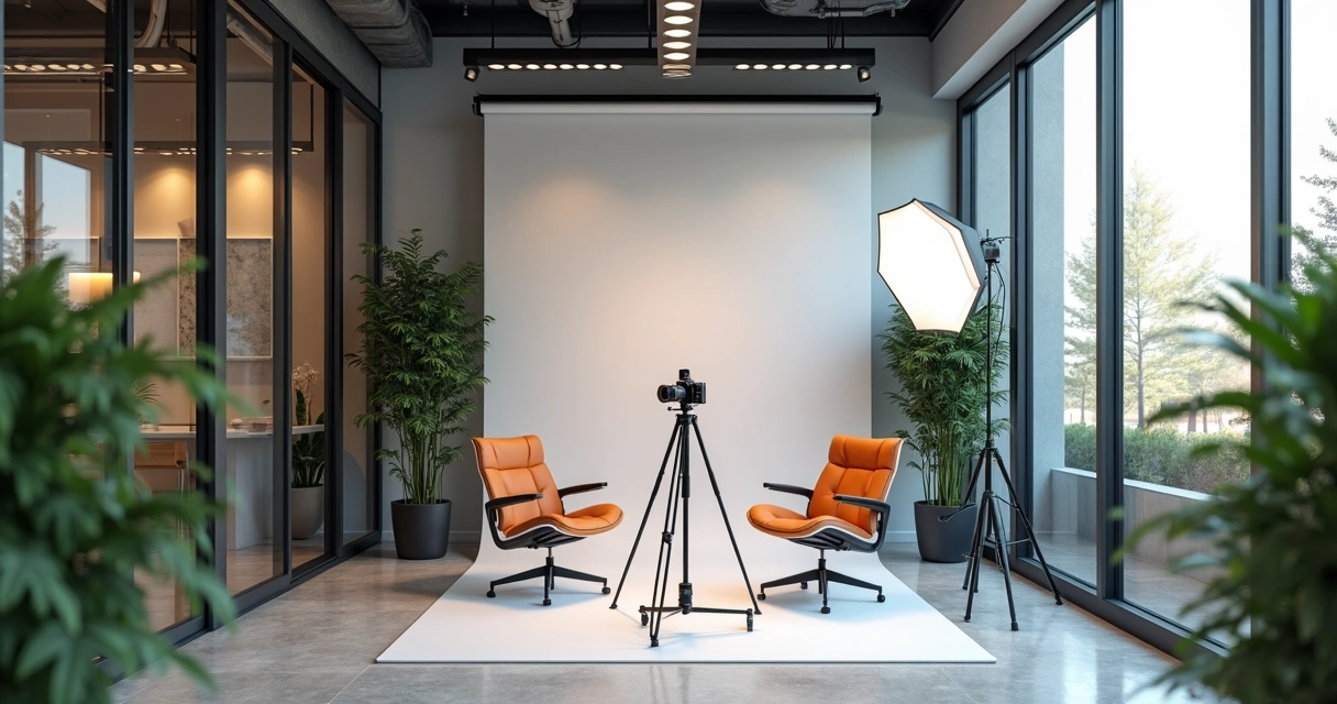 Ambiente de coworking com sala de gravação de vídeo institucional