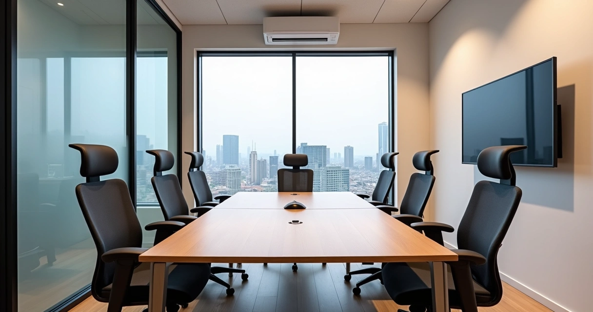 Sala privativa moderna com mesa grande, cadeiras ergonômicas e ampla janela 