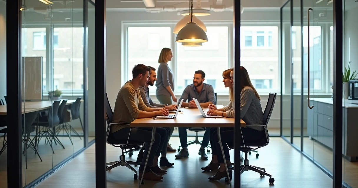 Sala privativa mobiliada em coworking com equipe reunida em Betim