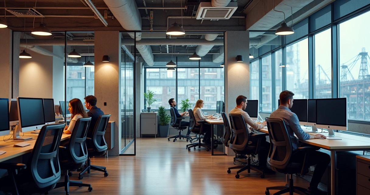 Sala privativa de coworking com móveis modernos e iluminação suave