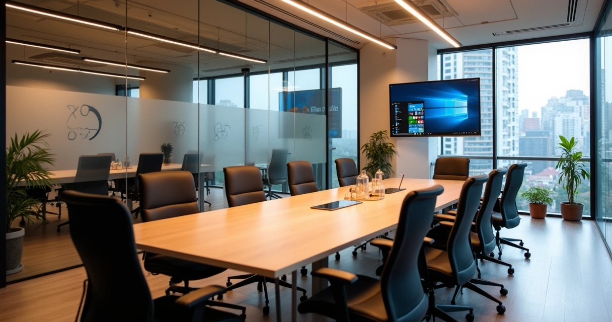 Sala moderna de reunião coworking com mesa, cadeiras ergonômicas e TV 