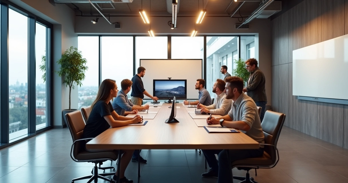 Sala de reunião moderna com mesa longa, cadeiras confortáveis e equipamentos de videoconferência