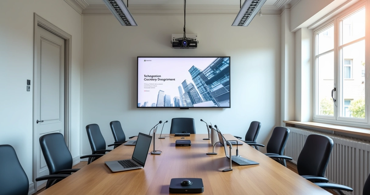 Sala de reunião moderna com equipamentos tecnológicos 