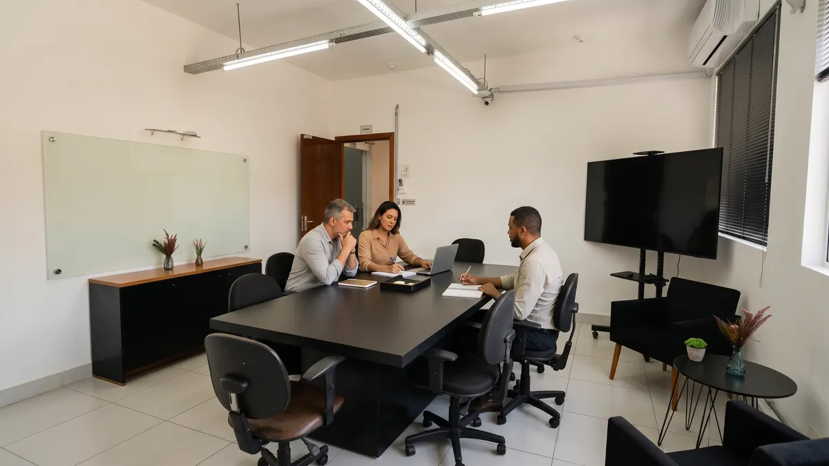 Três profissionais reunidos em sala equipada para locação por hora em Betim