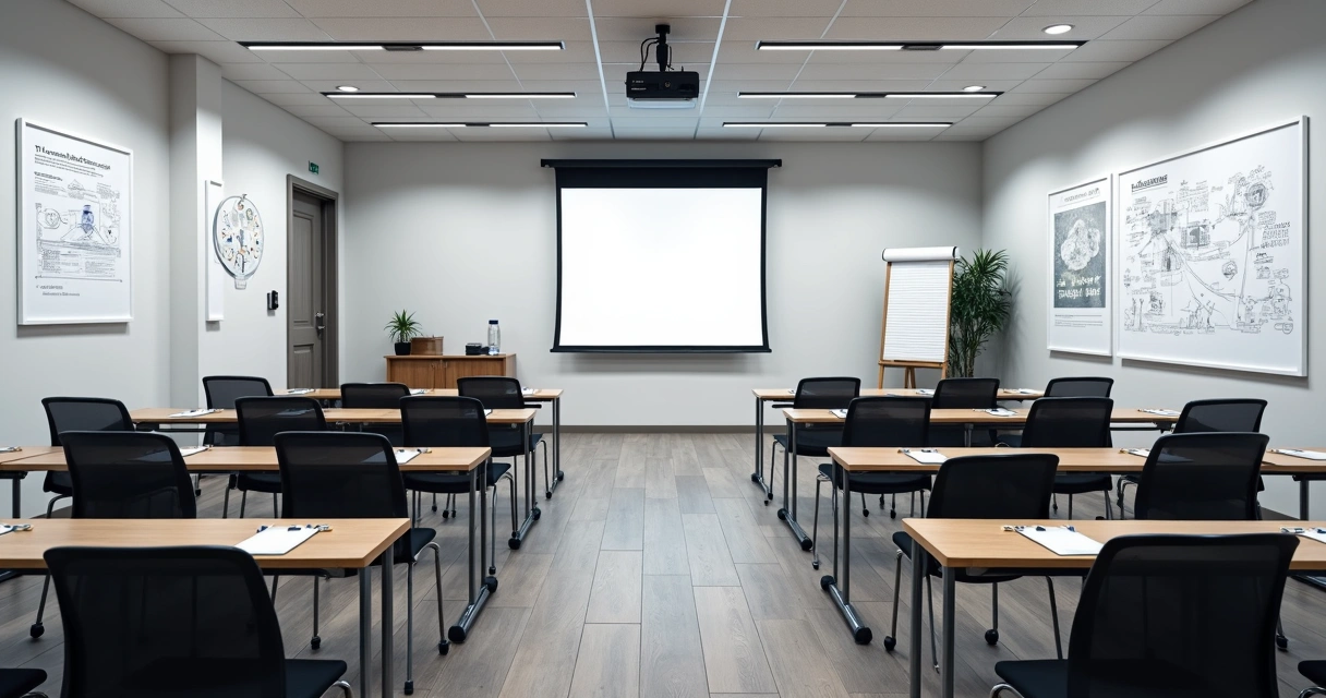 Sala de treinamento empresarial com cadeiras, projetor e quadros brancos 